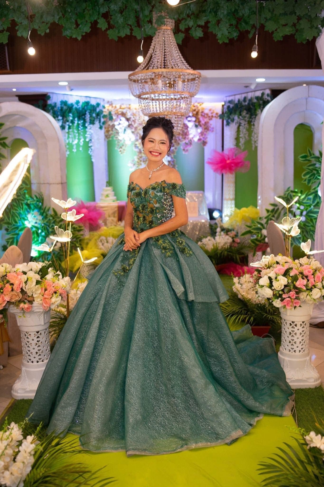 Ball Gown Green with Flower Design
