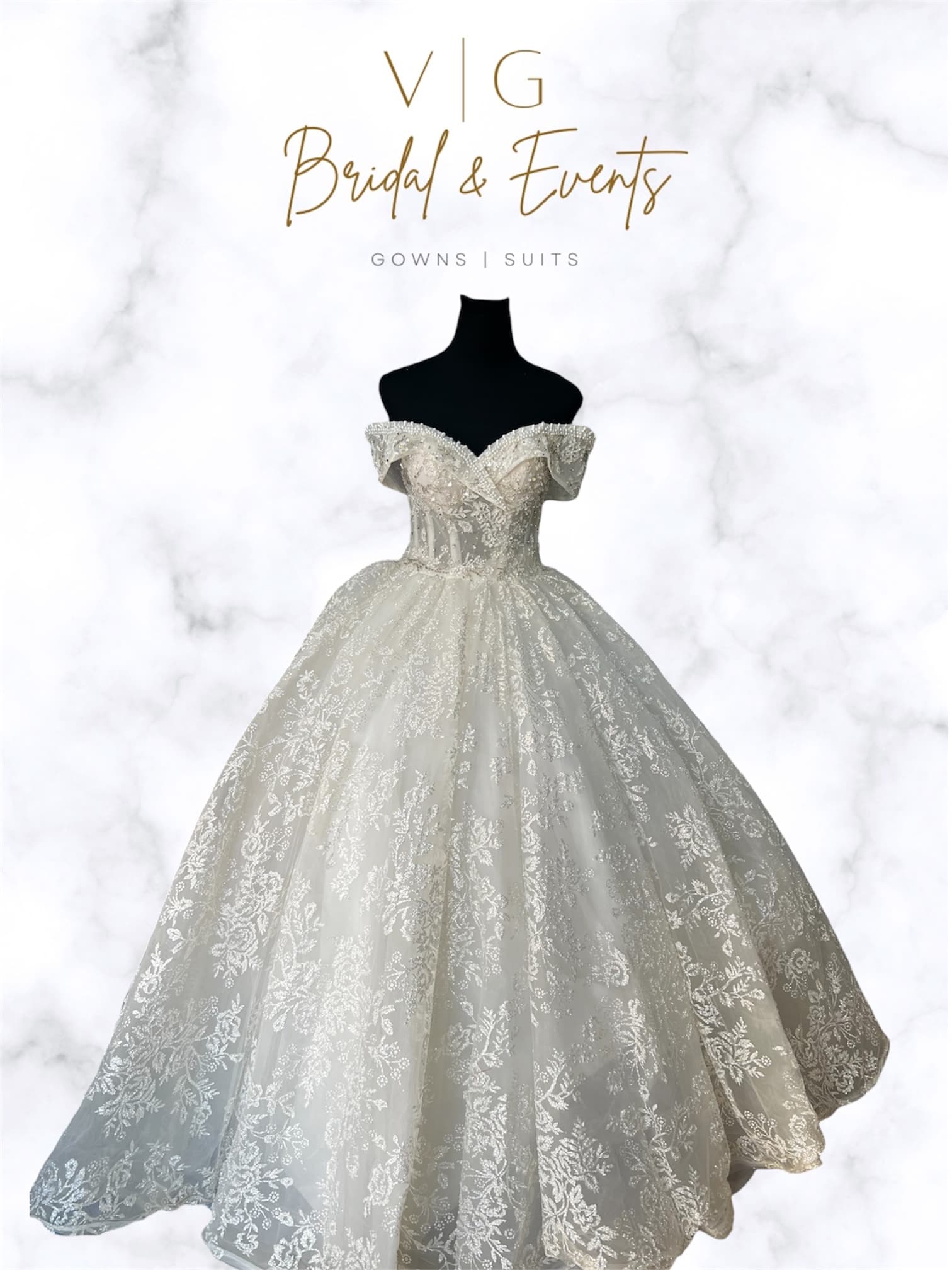 Off Shoulder Wedding Gown w/ Flower Crystals